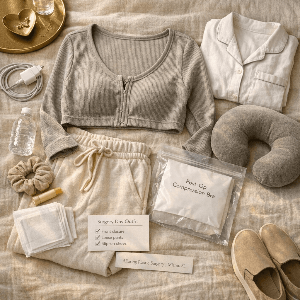 Luxury clinic-prep visual: neatly laid out recovery-friendly outfit set (front-closure top, soft joggers), compression bra package, and post-op essentials on stone-toned bedding with subtle gold accents (no graphic medical content).