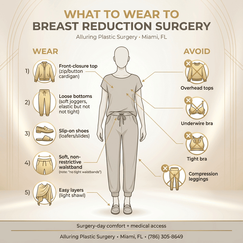 Surgery-day clothing checklist: front-closure top, loose bottoms, slip-on shoes, no tight waistbands, avoid overhead tops; include “what to avoid” callouts (underwire, compression leggings, tight bras).