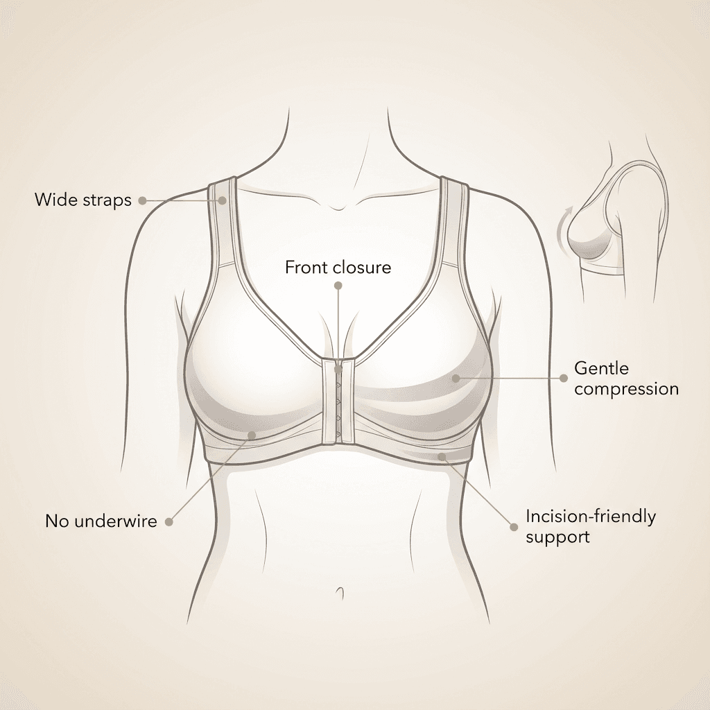 Elegant line illustration of a torso wearing a front-closure post-surgical compression bra with labeled features (wide straps, front hooks/zip, no underwire, gentle compression zones).