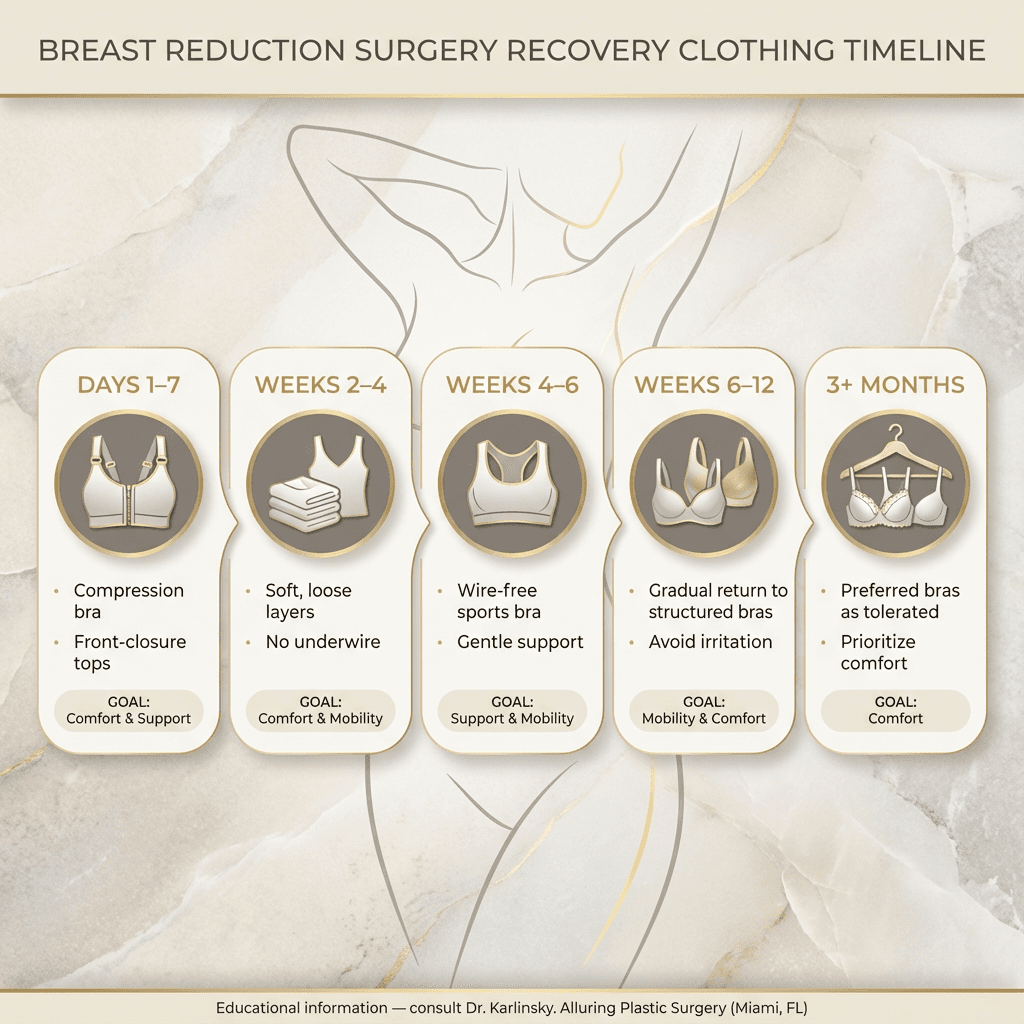 Recovery clothing timeline graphic with week/month markers and “recommended garments” per phase (compression bra, front-closure tops, wire-free sports bra, gradual return to structured bras).