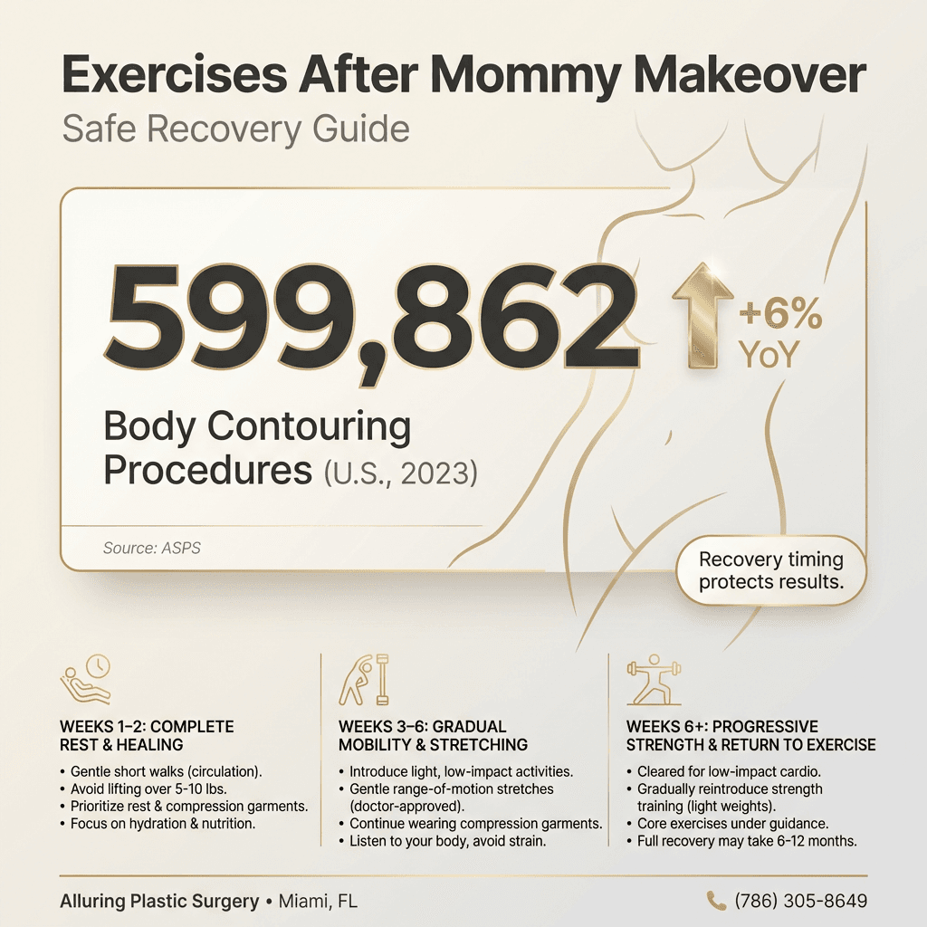 Elegant infographic visualizing: 2023 body contouring volume (599,862), +6% YoY, source ASPS; include a small callout “Recovery timing protects results.” Use stone-toned palette with gold accent lines.