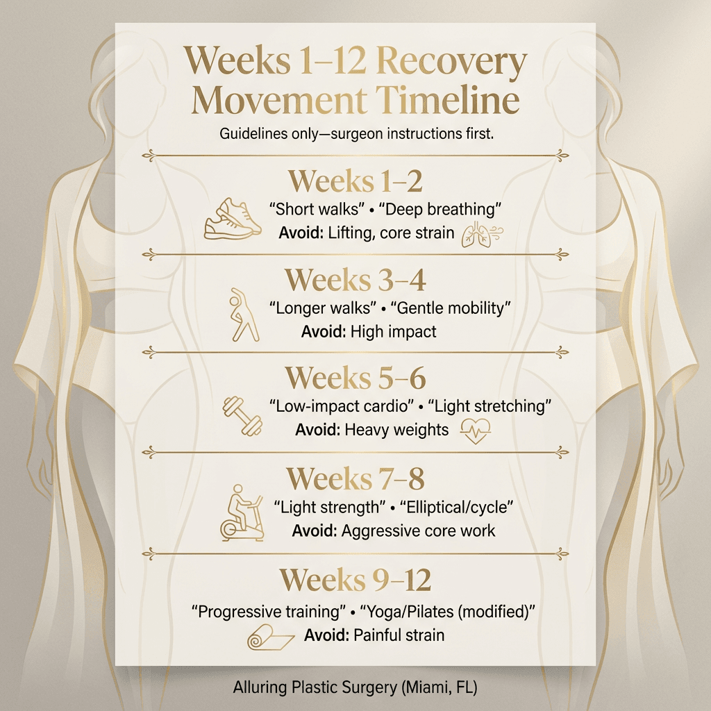 One-page “Weeks 1–12 Recovery Movement Timeline” with 5 blocks (Weeks 1–2, 3–4, 5–6, 7–8, 9–12), each listing 2–3 approved activities + key avoid notes; premium typography in beige/cream with gold dividers.