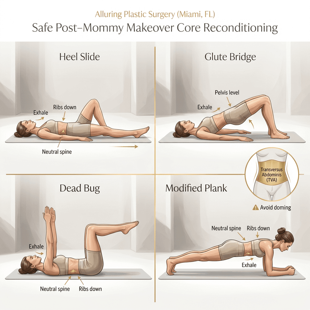 Minimal, clinic-grade diagram showing correct form for heel slides/dead bug/modified plank + a small inset highlighting transversus abdominis (“natural corset”) and “avoid doming” note. Keep it tasteful and non-graphic.