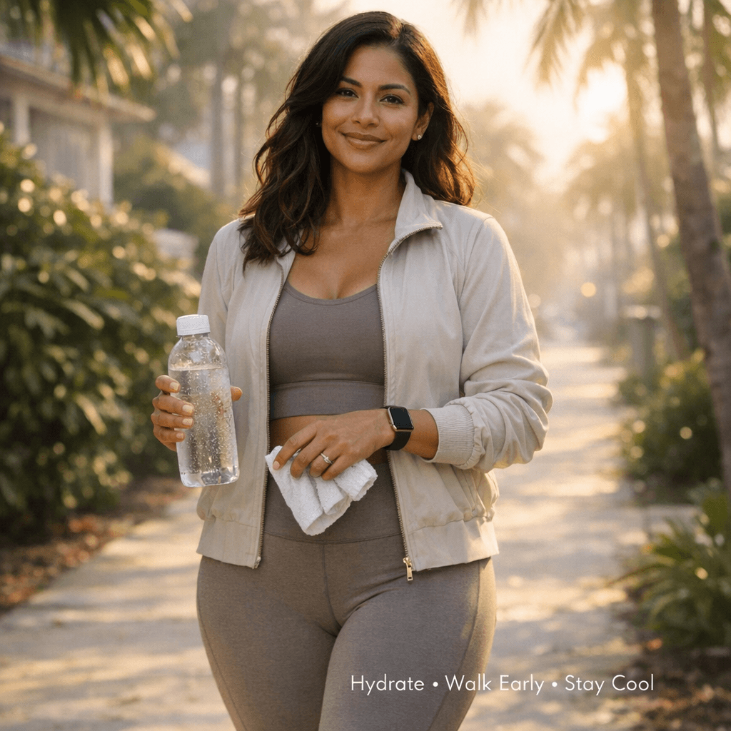 Lifestyle photo: well-dressed mom on an early-morning shaded walk (subtle compression-friendly athleisure), carrying water, soft sunrise light; avoid explicit post-op visuals. Color-grade toward warm stone tones.
