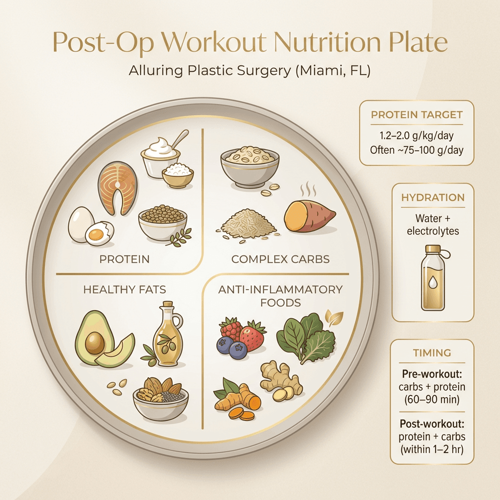“Post-Op Workout Nutrition Plate” + macro callouts: protein target range, anti-inflammatory foods list, hydration reminder, and pre/post-workout timing. Use premium iconography (salmon/berries/water bottle) in beige/gold.