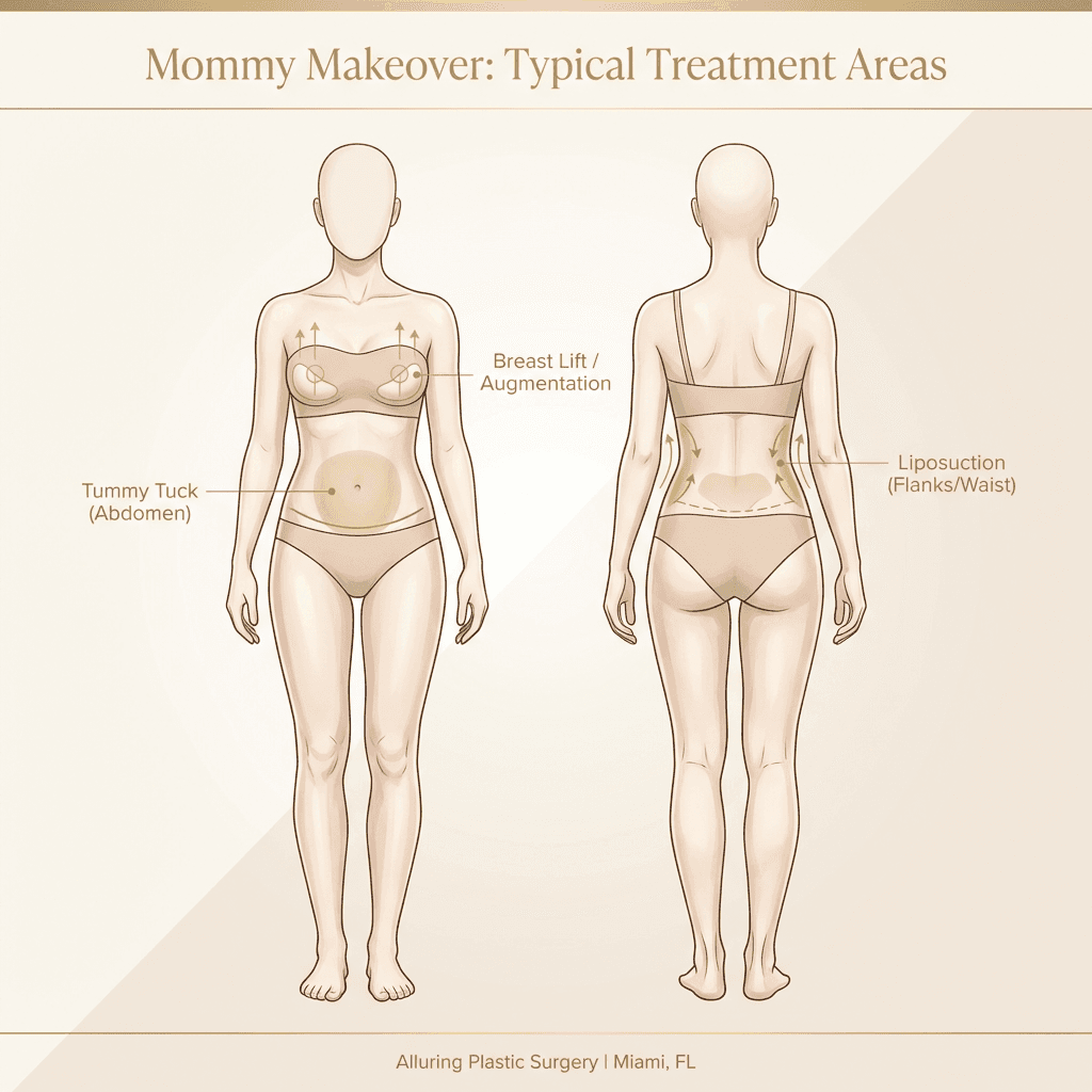 Sophisticated anatomical-style diagram showing the typical “mommy makeover” components (abdomen/tummy tuck incision zone, flanks/lipo areas, breasts lift/implant), in stone tones with subtle gold callouts.