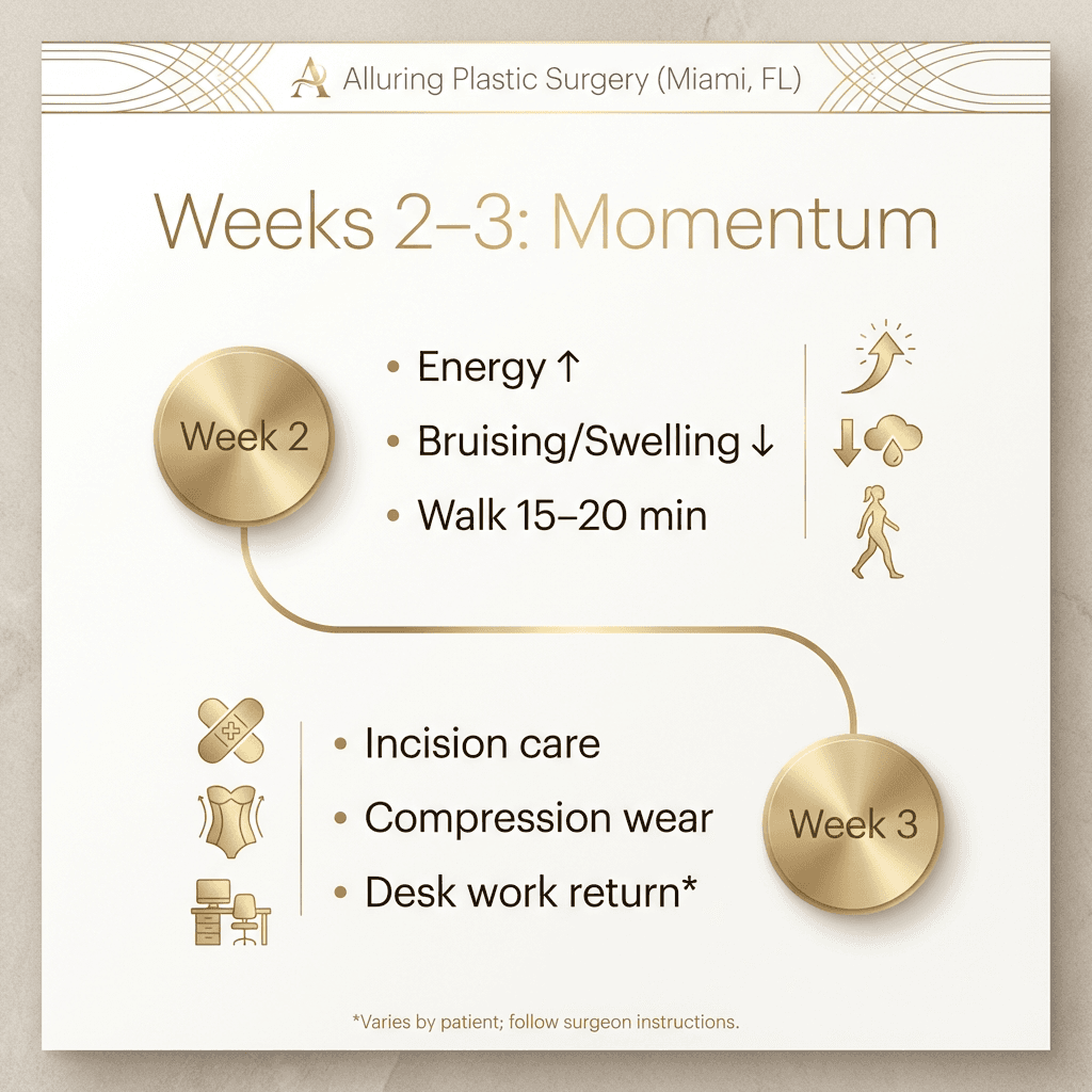 Mini timeline card for Weeks 2–3: energy ↑, bruising/swelling ↓, walking 15–20 min, incision care, compression wear, work return (desk jobs). Use stone background + gold icons.