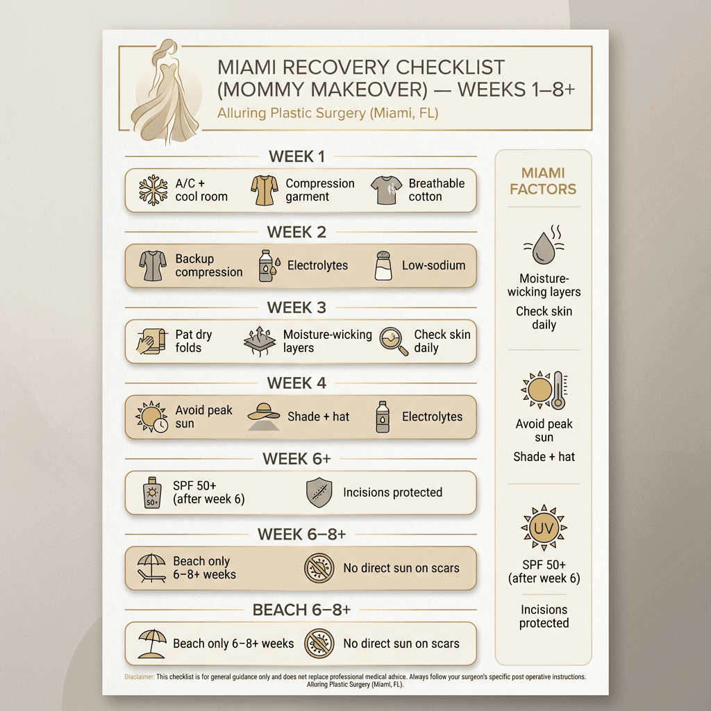 “Miami Recovery Checklist” infographic: A/C weeks 1–4, breathable cotton, backup compression, electrolytes, avoid peak sun, pat dry, SPF 50+ after week 6, low-sodium, beach 6–8 weeks+. Stone palette with gold accents.