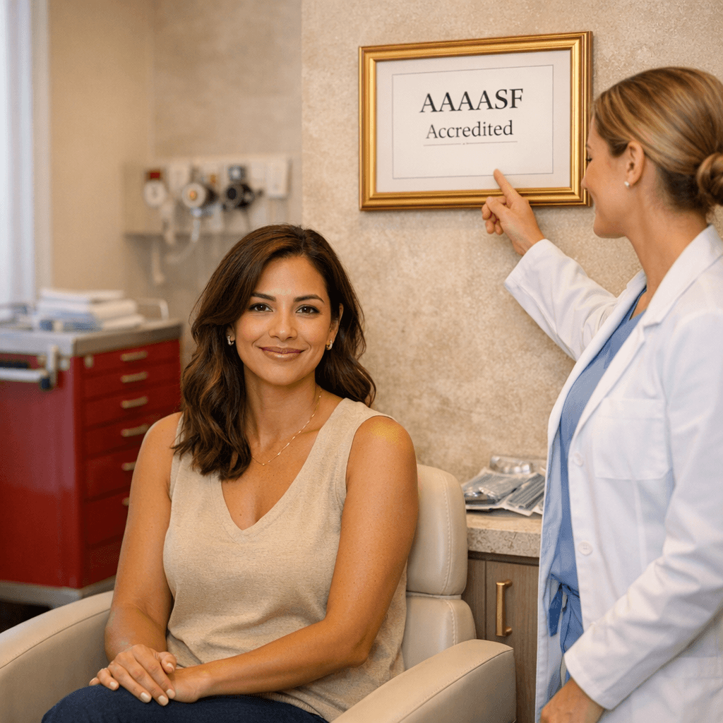 Bright, stone-toned operating suite or procedure room detail (no graphic content): staff in professional attire, pristine equipment, subtle gold accents; or a polished consultation room scene with accreditation cues.