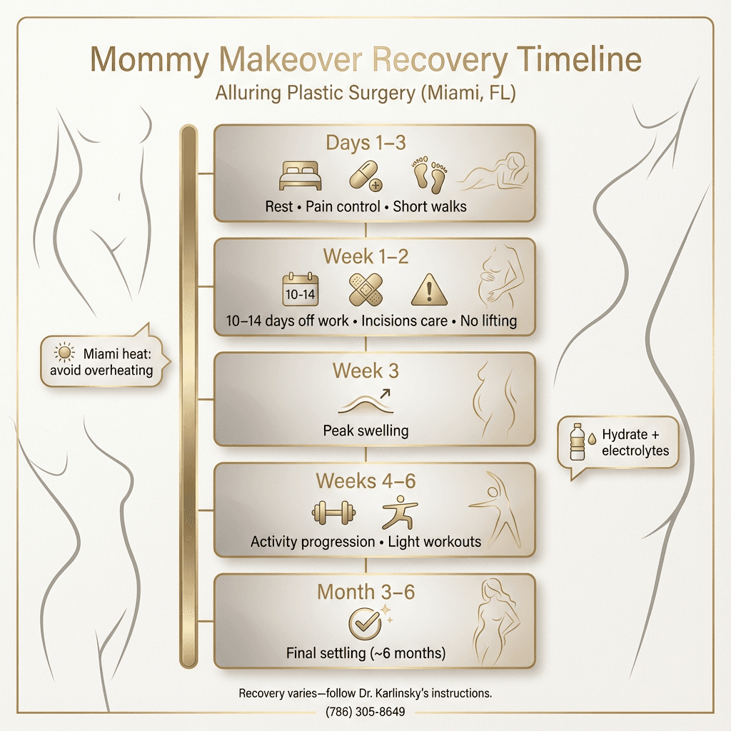 âMommy Makeover Recovery Timelineâ infographic: Days 1â3, Week 1â2, Week 3 peak swelling, Weeks 4â6 activity progression, Month 3â6 final settling; include Miami heat/hydration callouts.