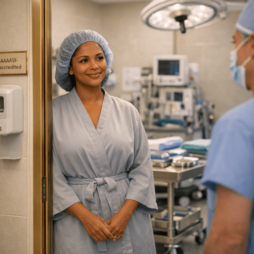 High-end clinic OR / procedure room or accredited surgical suite scene (no graphic content), with visible cleanliness cues and professional staff; could include a subtle “AAAASF-accredited” plaque detail if available.