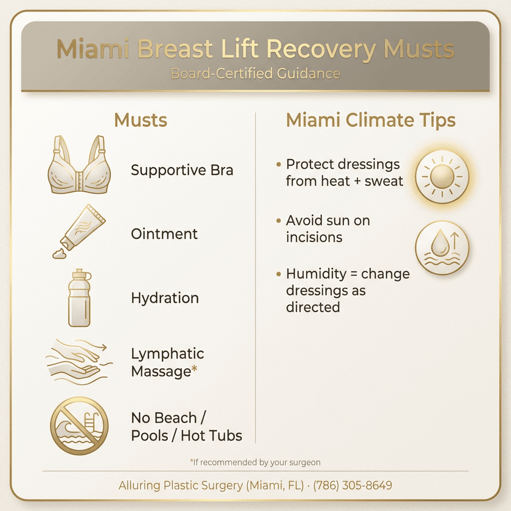 “Miami Breast Lift Recovery Musts” checklist card: supportive bra, ointment, hydration, lymphatic massage (if recommended), avoid beach/pools/hot tubs; add sun/humidity icons in stone tones + gold accents.