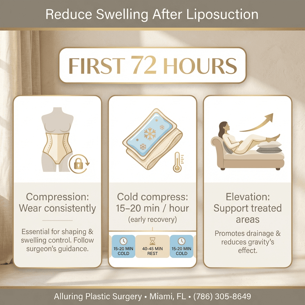 A luxury-styled recovery quick-start graphic: Compression garment, cold compress timing, elevation positions, and “first 72 hours” callout in stone tones with subtle gold accents