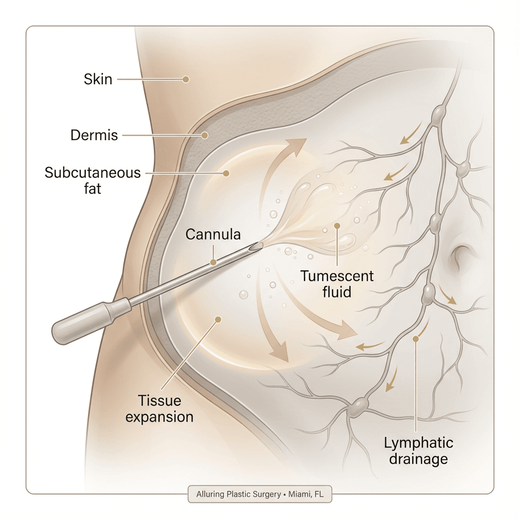 Clean anatomical illustration showing cannula + tumescent fluid in subcutaneous layer, with arrows indicating fluid expansion and lymphatic drainage pathways (non-graphic, premium clinical style)