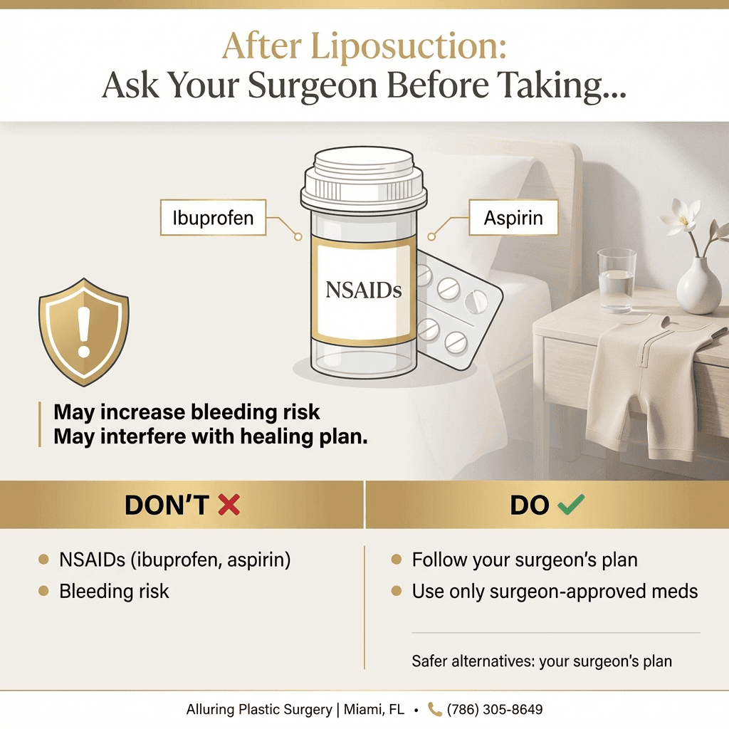 Do/Don’t infographic: “Ask your surgeon before taking…” with NSAIDs highlighted, bleeding risk note, and safer alternatives placeholder (e.g., ‘follow your surgeon’s plan’)—styled in warm neutrals with gold accents