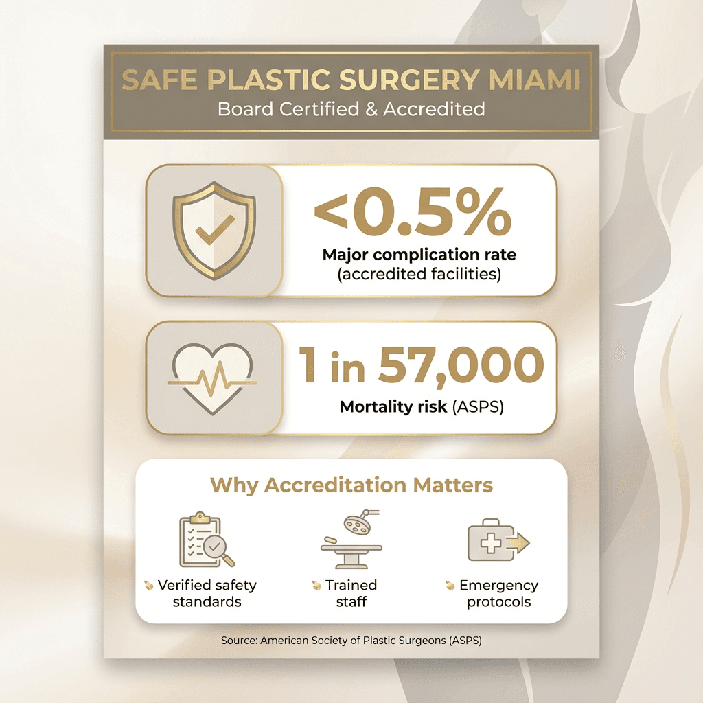 “Safety by the numbers” infographic: accredited facility complication rate (<0.5%), mortality risk (1 in 57,000), and a simple ‘why accreditation matters’ callout in stone tones with subtle gold accents.