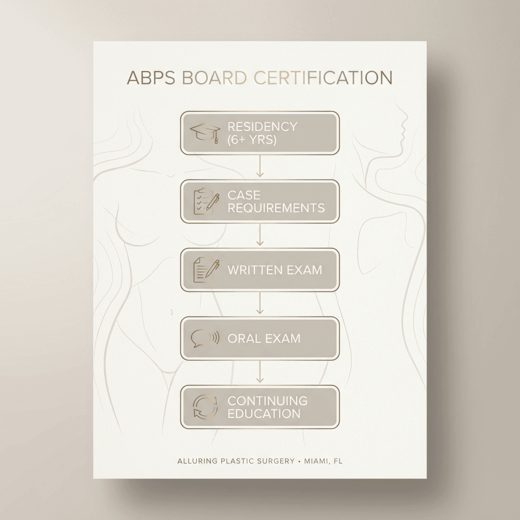 Elegant credential pathway diagram: “ABPS Board Certification” with steps (residency → case requirements → written exam → oral exam → continuing education), styled like a premium flow chart.