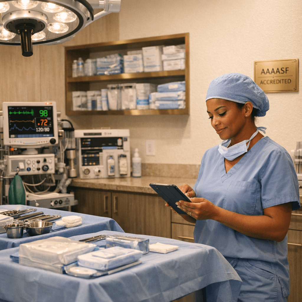 High-end operating room or accredited ambulatory surgery suite detail shot (spotless surfaces, modern equipment, warm lighting; no graphic content), with subtle stone-toned palette and gold-accent brand styling.