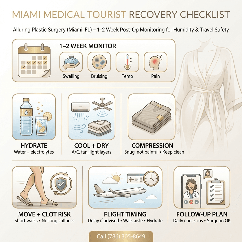 “Recovery Checklist for Out-of-State Patients” infographic: 1–2 week monitoring window, hydration, AC/fan cooling, compression garment tips, flight timing to reduce clot risk, and follow-up plan icons.