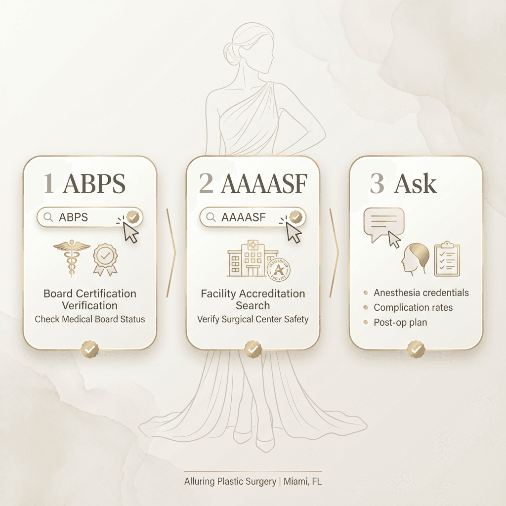Clean 3-step verification graphic: (1) ABPS lookup, (2) AAAASF facility search, (3) questions to ask (anesthesia credentials, complication rates, post-op plan). Include minimalist UI-style elements in brand colors.