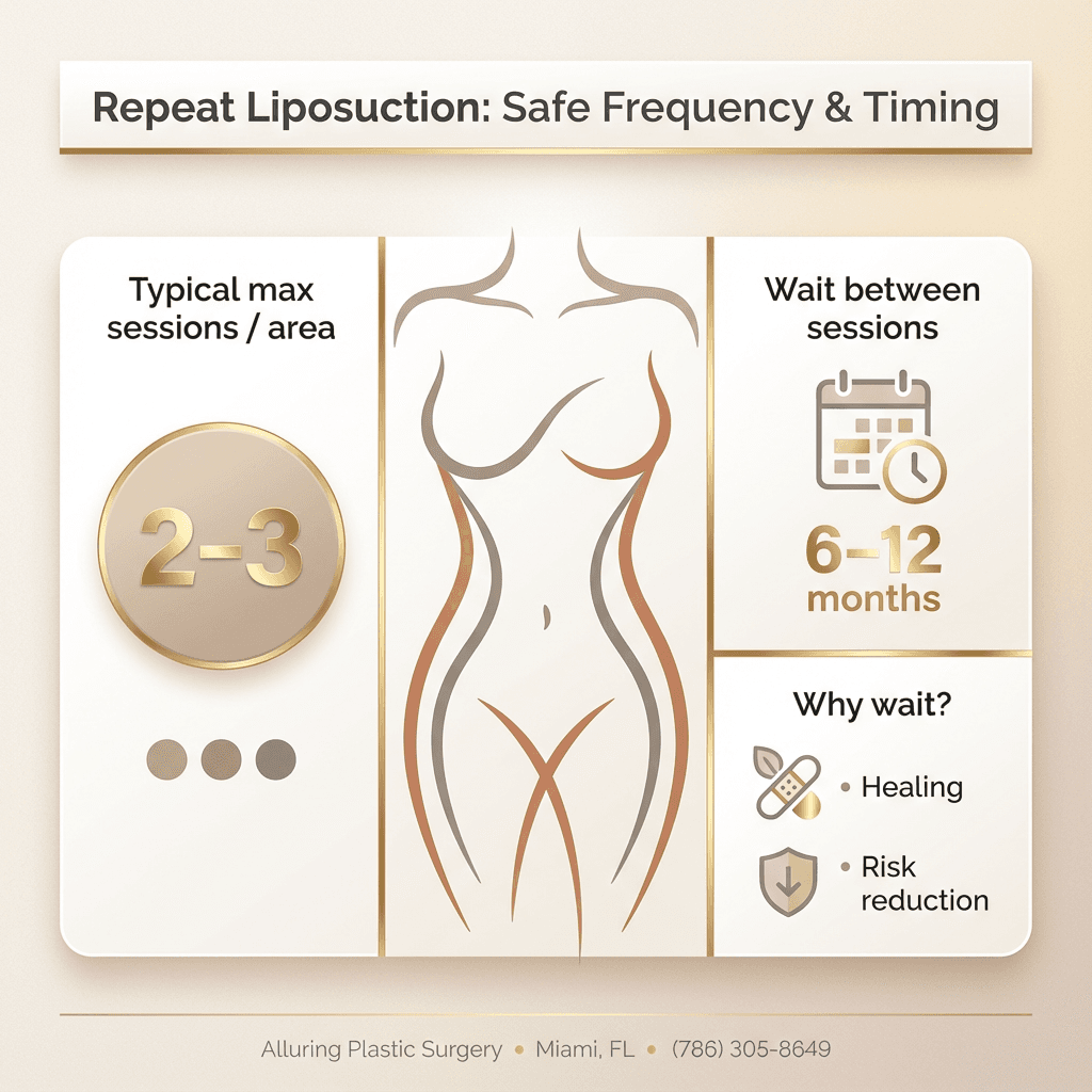 “Repeat Liposuction: Safe Frequency & Timing” mini-chart showing: typical max sessions per area (2–3), recommended wait time (6–12 months), and why (healing/risk reduction).