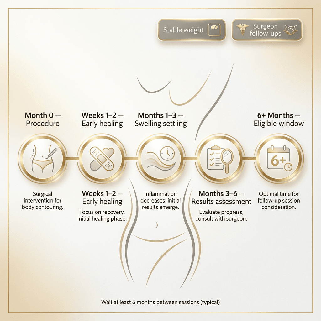 6–12 month timeline graphic: Month 0 procedure → early healing → swelling settling → results assessment → “eligible window” for next session, with brief callouts (stable weight, surgeon follow-ups).