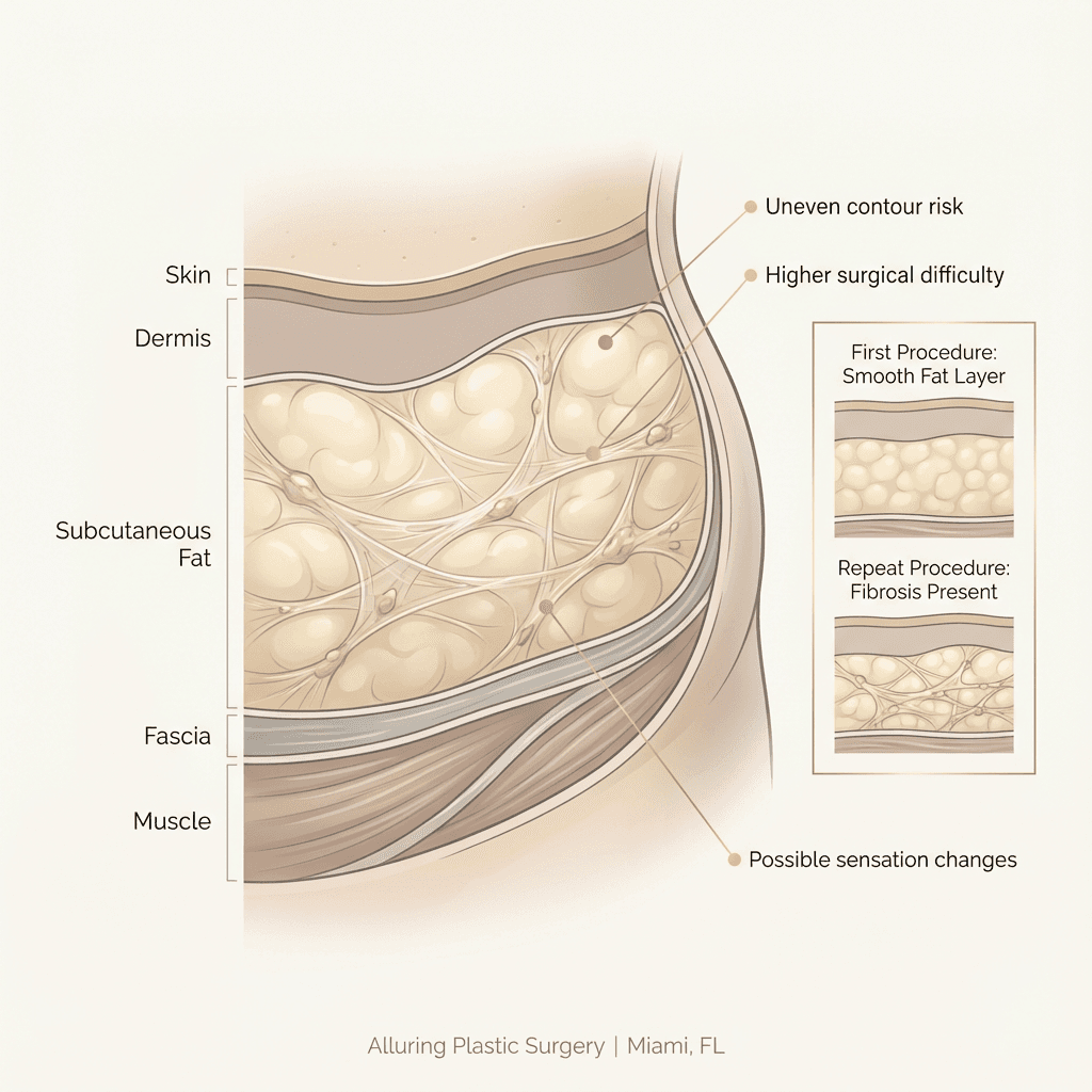 Non-graphic anatomical cross-section illustration showing subcutaneous fat layers with “scar tissue/fibrosis” overlay and labels (uneven contour risk, surgical difficulty, sensation changes).