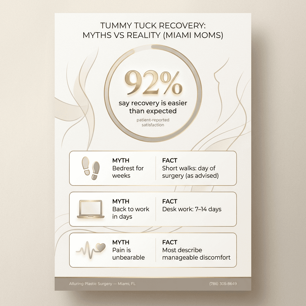 Minimal, luxury-styled infographic highlighting the 92% satisfaction/easier-than-expected stat + 2–3 myth-vs-fact callouts (e.g., walking day-of, desk work 7–14 days). Use stone-tone palette with subtle gold accents.