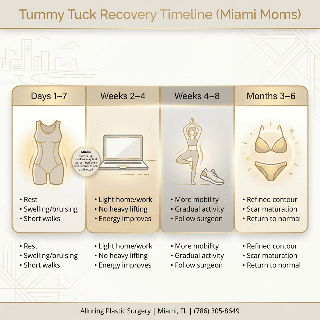 4-stage recovery timeline for Miami moms: Days 1–7 / Weeks 2–4 / Weeks 4–8 / Months 3–6 with icons (compression garment, laptop/desk work, light exercise, bikini/confidence) and one Miami-specific note (humidity/swelling).