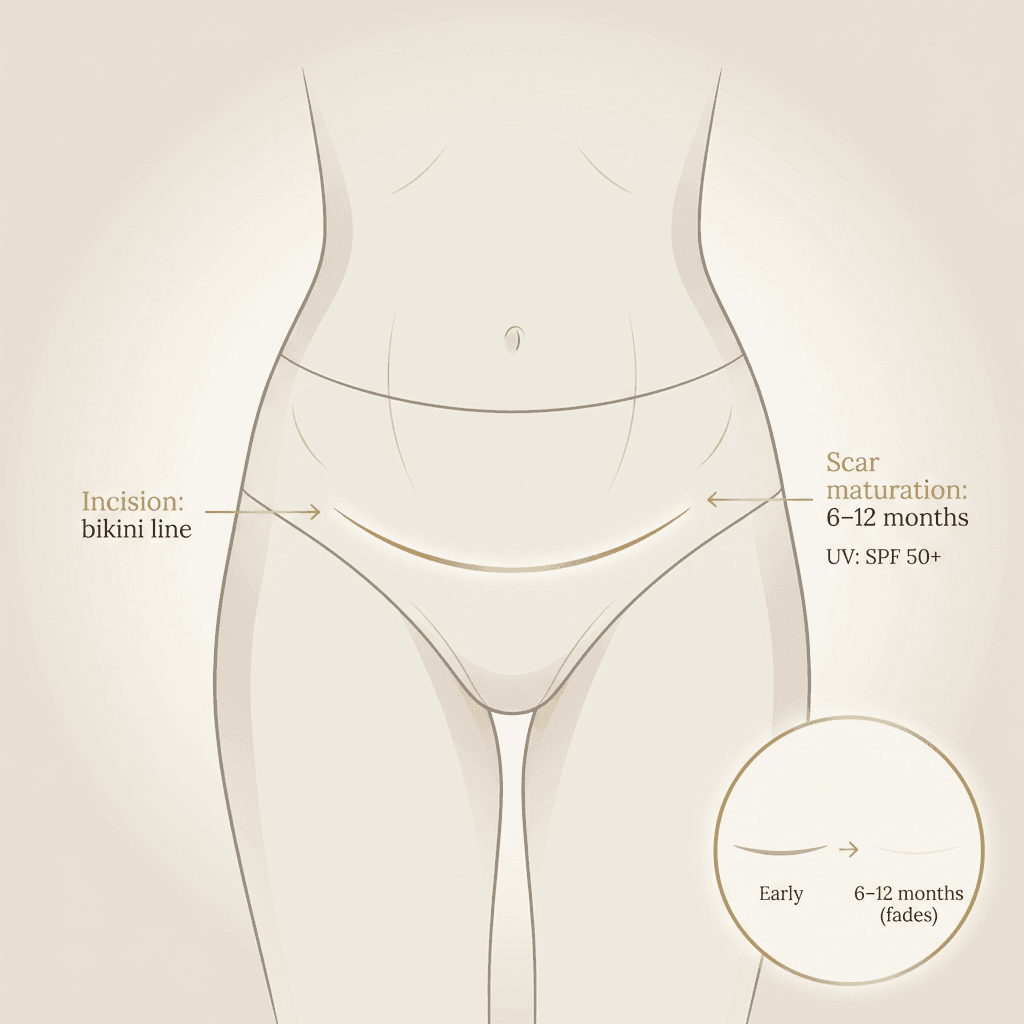 Clean, non-graphic line illustration of lower abdomen showing typical tummy tuck incision placement along the bikini line + a small callout on scar maturation (6–12 months) and UV protection reminder (SPF 50+).