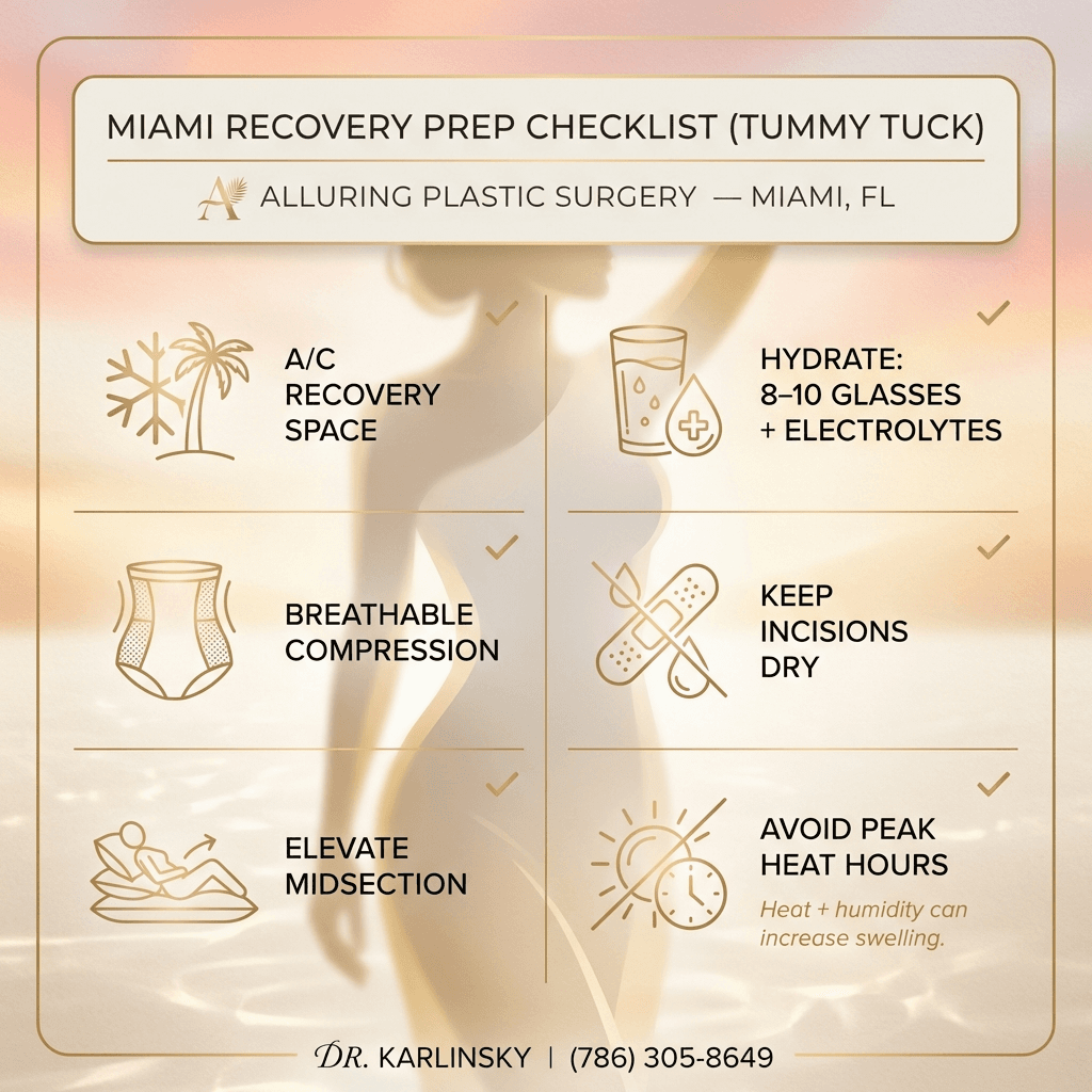 “Miami Recovery Prep” checklist: A/C recovery space, breathable compression garment, elevate midsection, 8–10 glasses water + electrolytes, keep incisions dry, avoid peak heat hours; styled in beige/cream with gold icon accents.