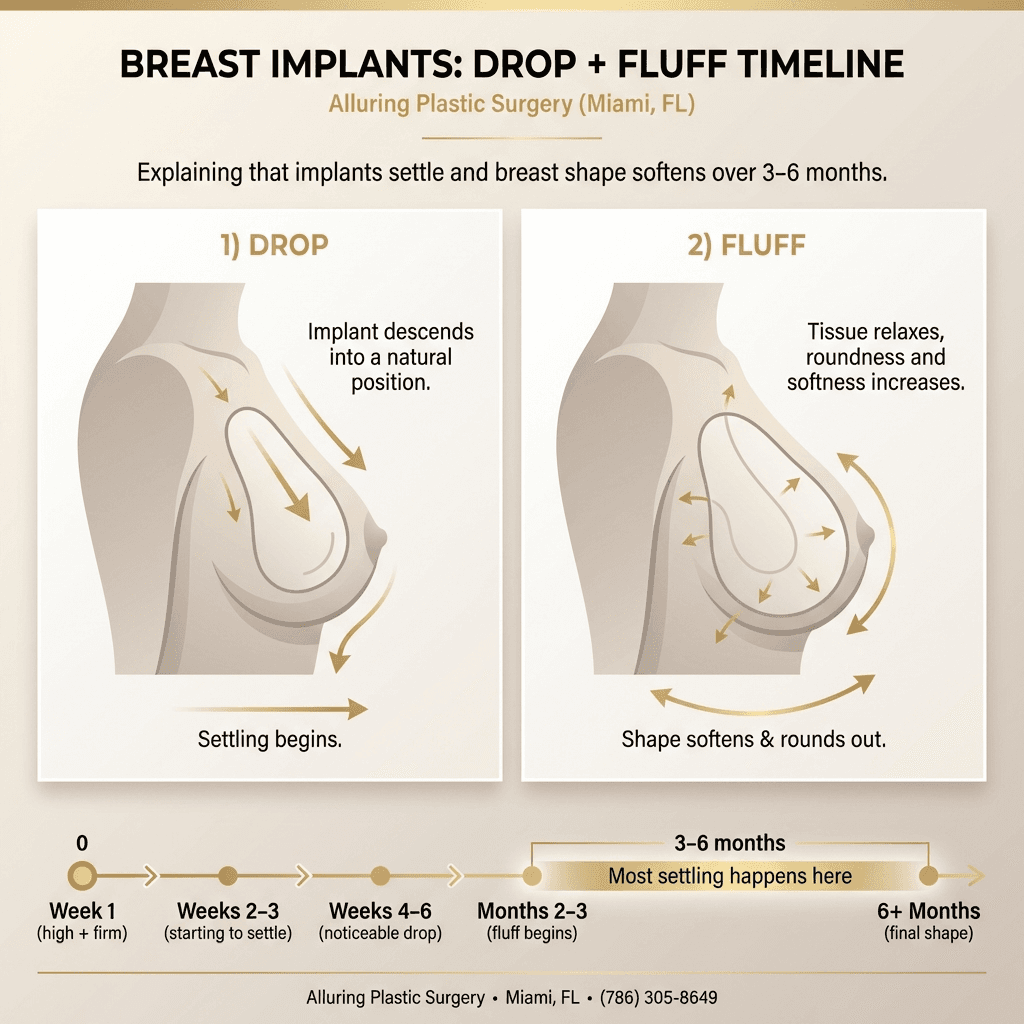A simple 2-phase infographic: “Drop” (implant descends) + “Fluff” (tissue relaxes), with a 0–6 month bar highlighting key milestones (weeks 1, 2–3, 4–6, months 2–3, 6+). Use stone-tone palette with subtle gold accents.