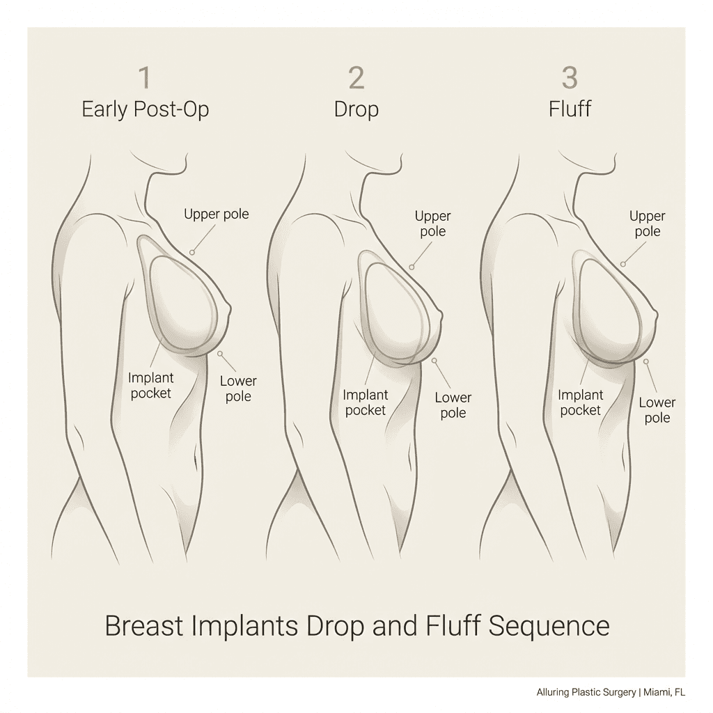Minimal, elegant line illustration showing side-profile breast silhouette before/after: (1) early post-op high implant position, (2) dropped implant pocket position, (3) fluffed/relaxed tissue contour. Label “upper pole,” “lower pole,” and “implant pocket.”