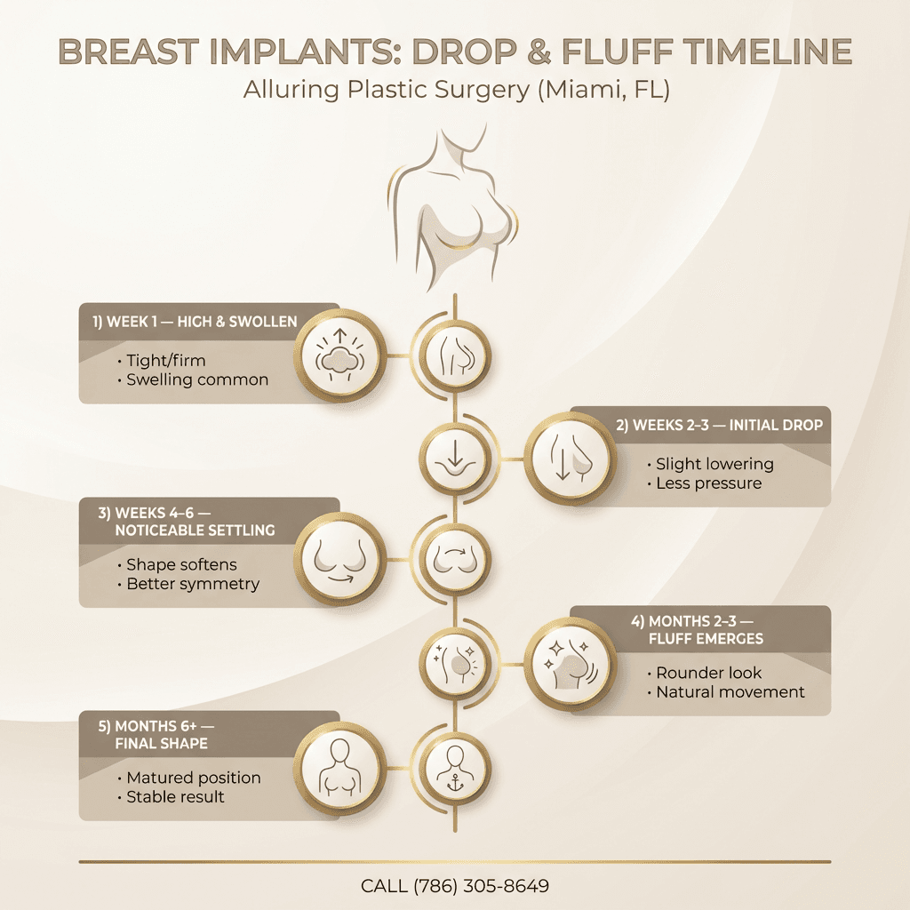 Horizontal (or vertical mobile-friendly) timeline with 5 checkpoints: Week 1 “High & swollen,” Weeks 2–3 “Initial drop,” Weeks 4–6 “Noticeable settling,” Months 2–3 “Fluff emerges,” Months 6+ “Final shape.” Include 1–2 bullet expectations per checkpoint.
