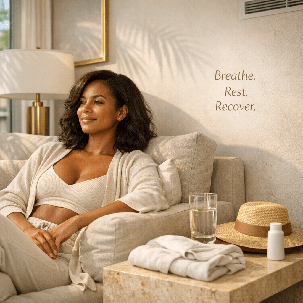Luxury lifestyle recovery scene: woman in a cream-toned lounge set resting comfortably indoors with soft daylight, a glass of water, breathable fabrics visible, subtle hint of Miami (window light/palm shadow) without being kitschy; stone tones + gold accents in decor.