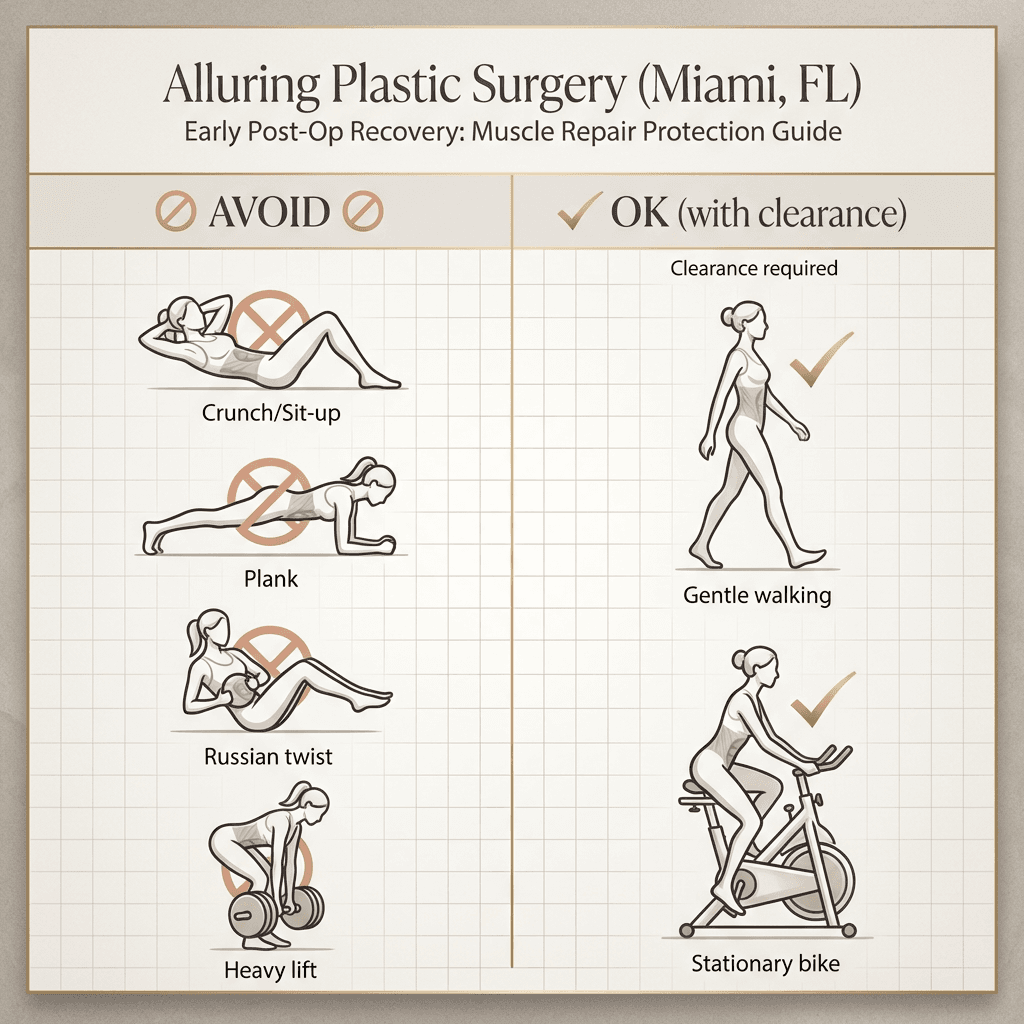 Minimal line-illustration set: âAvoidâ icons for crunch/sit-up, plank, Russian twist, heavy dumbbell lift; plus âSafer early optionsâ icons like gentle walking and stationary bike (with âclearance requiredâ note).