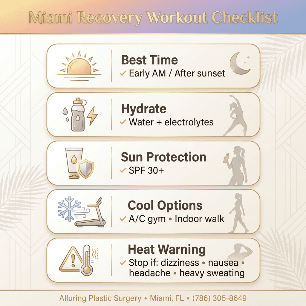 âMiami Recovery Workout Checklistâ (early morning/evening, hydration + electrolytes, SPF 30+, indoor gym options, breathable clothing, heat-exhaustion warning signs).