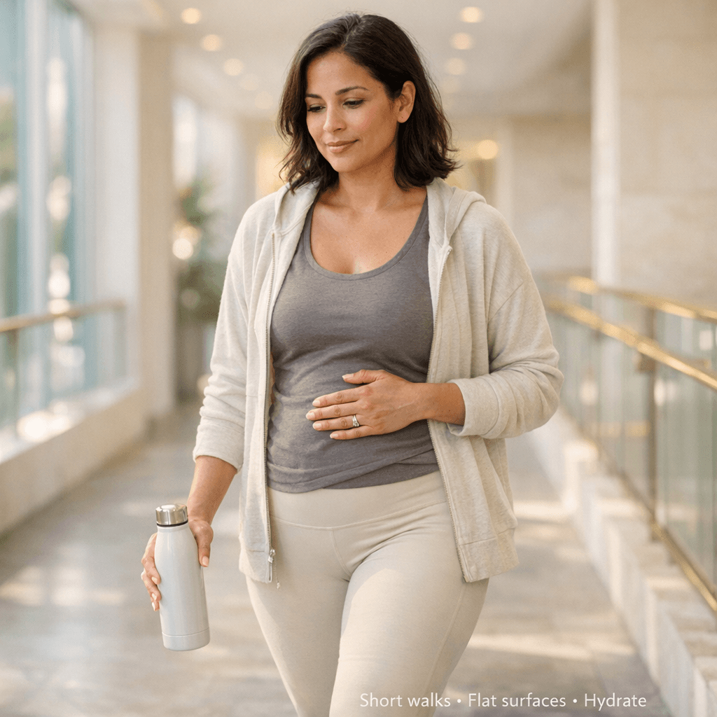 Lifestyle photo: postpartum mom in neutral athleisure doing a slow, short indoor walk (bright, airy setting; stone-tone palette), wearing a light cover layer suggesting comfort/support (no explicit medical devices shown).