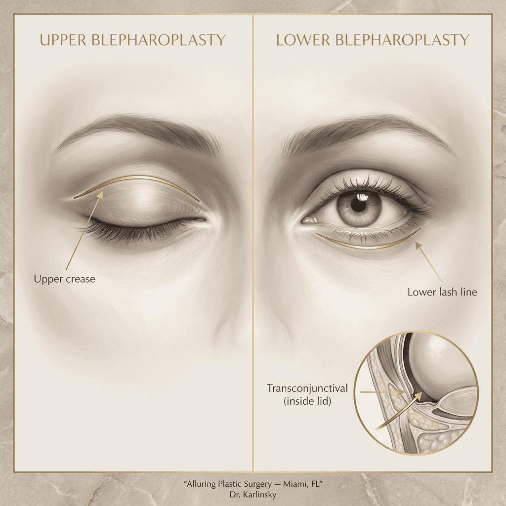 Premium anatomical illustration of upper vs lower blepharoplasty incision placement (crease/lash line/transconjunctival) with subtle labels in brand stone tones + gold accent callouts