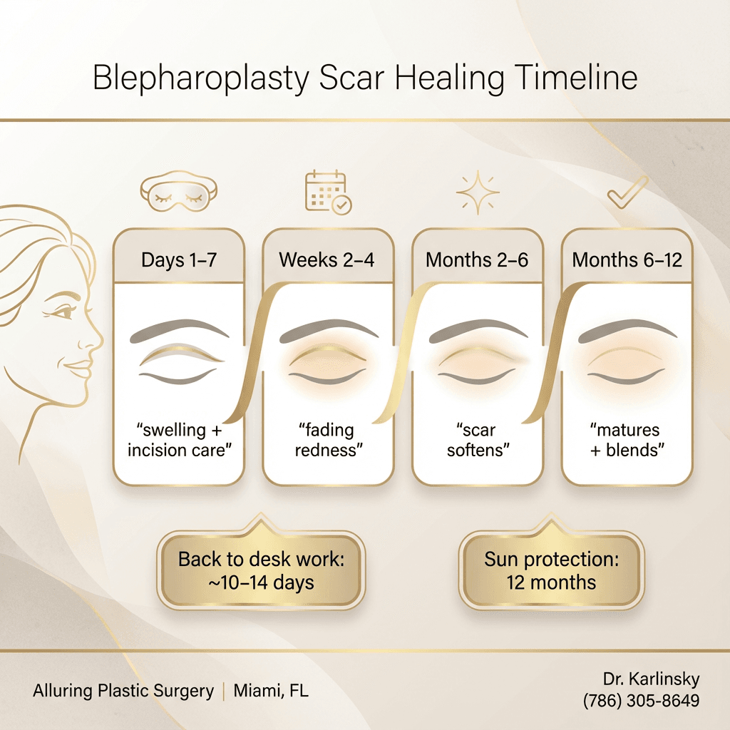 Blepharoplasty scar healing timeline infographic (Days 1–7 / Weeks 2–4 / Months 2–6 / Months 6–12) including “back to desk work: ~10–14 days” and “sun protection: 12 months” callouts