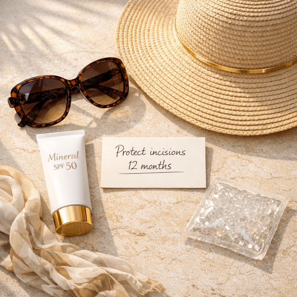 Elegant flat-lay or lifestyle shot of recovery-safe sun protection: mineral SPF, UV-blocking sunglasses, wide-brim hat, and a note card “Protect incisions 12 months” in warm stone tones with subtle gold accents