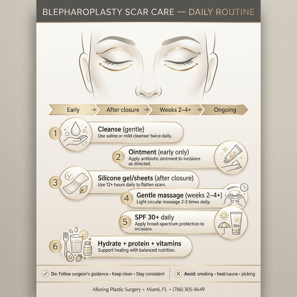 Daily scar-minimization routine infographic: cleanse + ointment (early), silicone (after closure), gentle massage (weeks 2–4+), SPF daily, hydration/nutrition, avoid smoking/heat; designed in beige/cream with gold icon accents