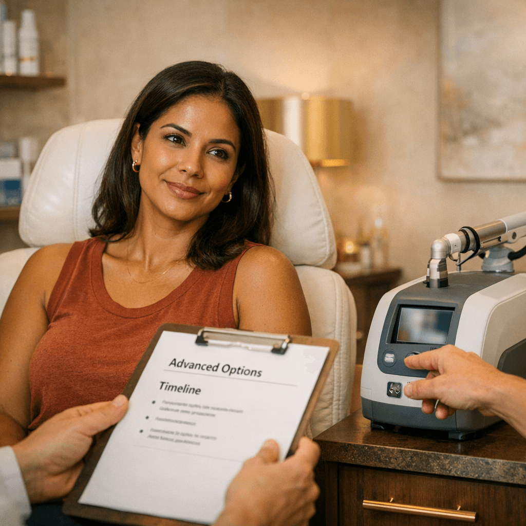 High-end consultation/treatment-room scene: provider reviewing a treatment plan or demonstrating a laser device (no graphic imagery), with Miami luxury clinic aesthetic and warm neutral palette