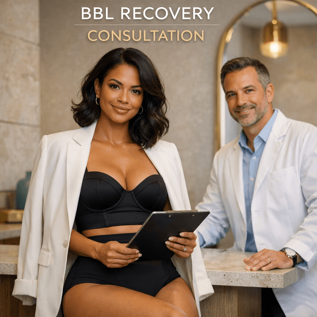 Upscale consultation moment: board-certified surgeon and patient in a modern Miami clinic (stone tones, warm grays, subtle gold accents), friendly/professional body language, no procedure imagery.