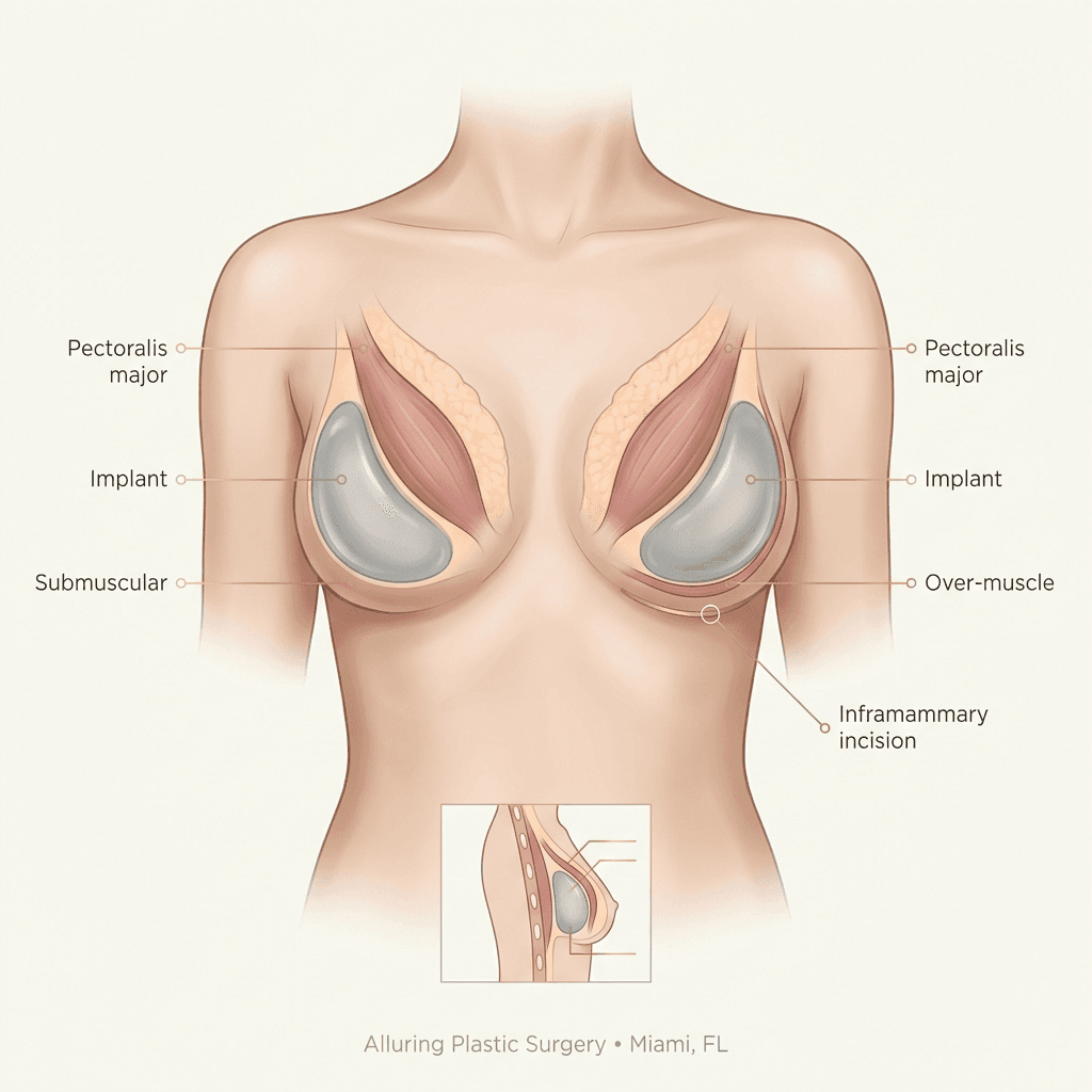 Minimal anatomical illustration showing implant placement options (submuscular vs over-muscle) and a discreet highlight of the inframammary fold incision location; labeled in a refined, clinic-branded style.