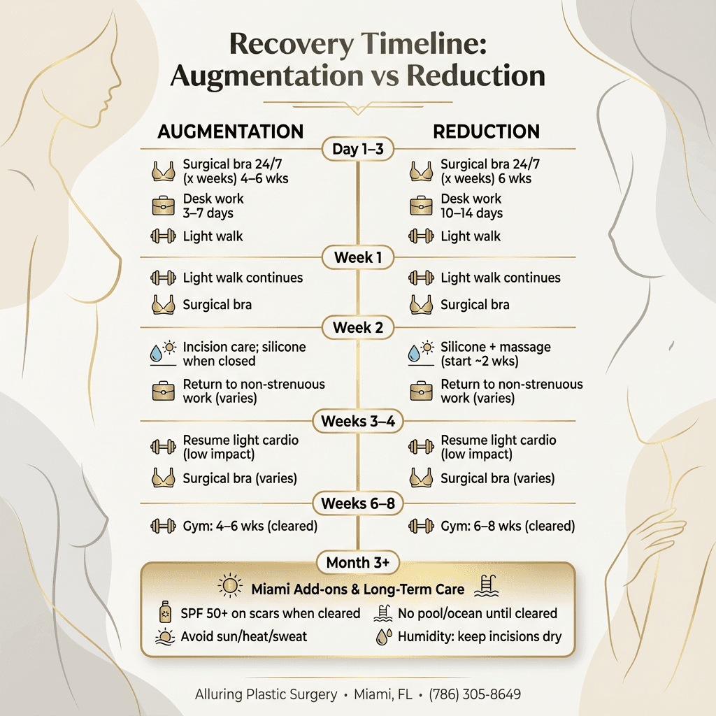 Recovery timeline infographic: Augmentation vs Reduction (week-by-week milestones, bra wear duration, return-to-work, exercise, scar care + Miami add-ons like SPF and heat/sweat management).