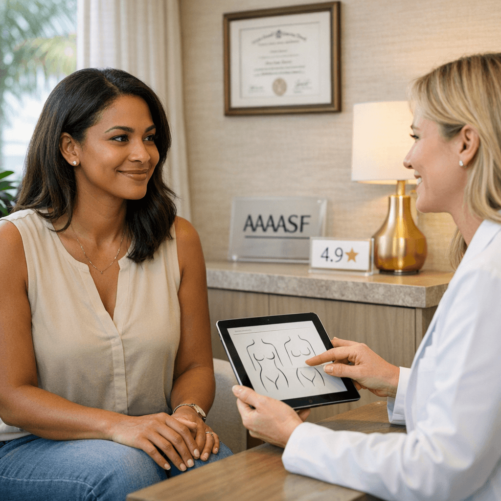 Bright, luxury clinic interior or consultation-room scene (doctor/patient interaction optional), featuring warm neutrals/stone tones and subtle gold accents; Miami, polished, professional.
