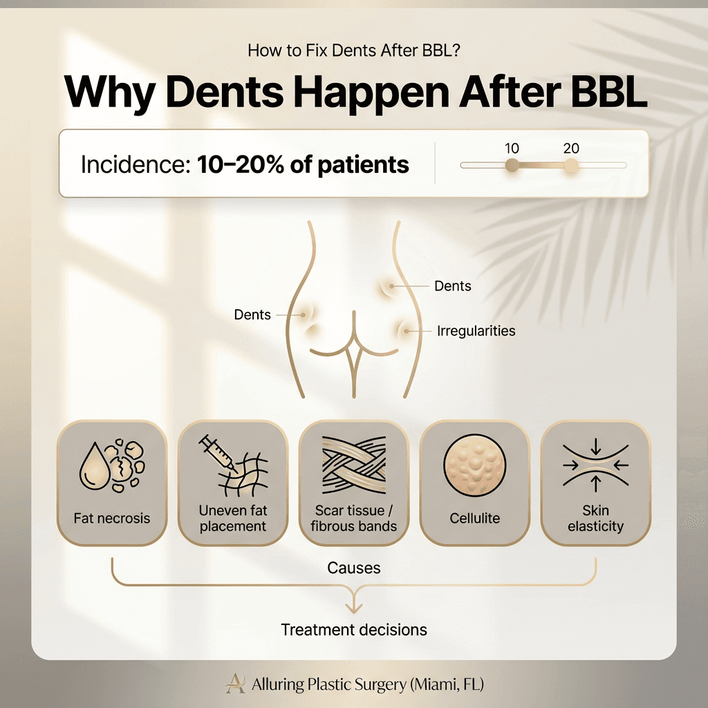 “Why dents happen after BBL” infographic: 10–20% incidence + 4–5 cause icons (fat necrosis, uneven fat placement, scar tissue/fibrous bands, cellulite/skin elasticity) in stone-tone palette with subtle gold accents.