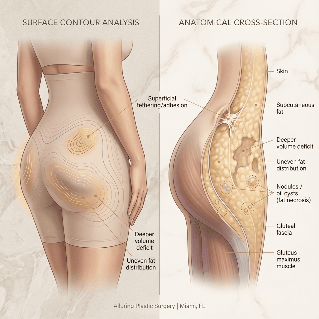 Minimal, tasteful medical illustration showing a buttock cross-section/surface map: labels for superficial tethering/skin adhesion vs deeper volume deficit/uneven fat distribution; small callouts for “nodules/oil cysts” as fat necrosis indicators.