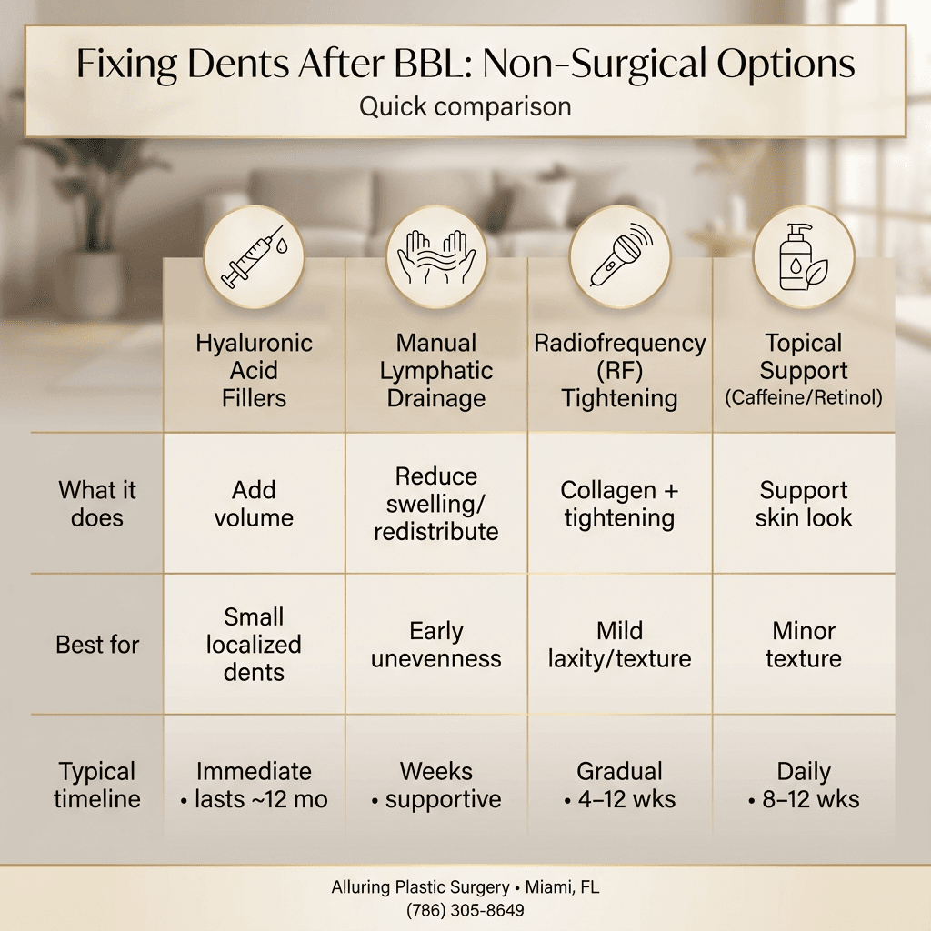 Non-surgical options comparison chart: fillers (immediate, ~12 months), lymphatic drainage (supportive/redistribution), radiofrequency (collagen/skin tightening), topical support (caffeine/retinol)—with “best for” and “typical timeline” rows.